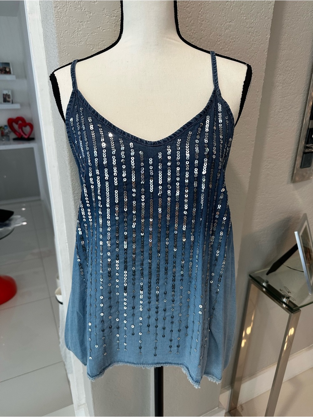 Blue Sequin Spaghetti- Strap Camisole- Made in Italy